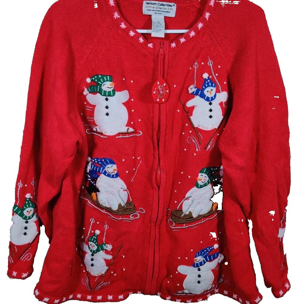 VINTAGE HEIRLOOM COLLECTION RED SNOWMAN FULL ZIP SWEATER, WOMEN'S 1X